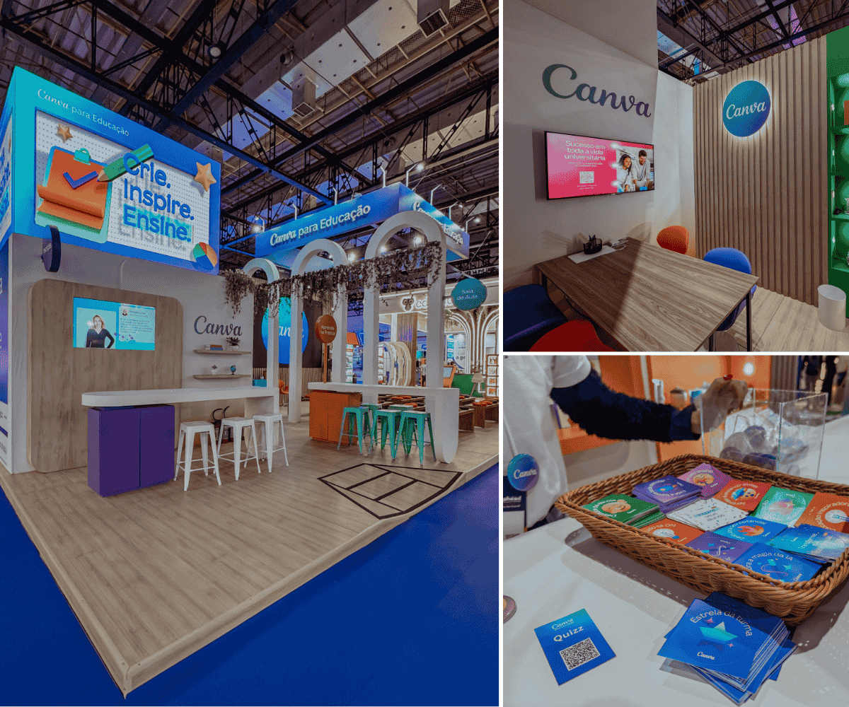 Estande do Canva na Bett Brasil 2025 com espaços interativos, ambientação educativa, materiais personalizados e áreas de relacionamento com o público.