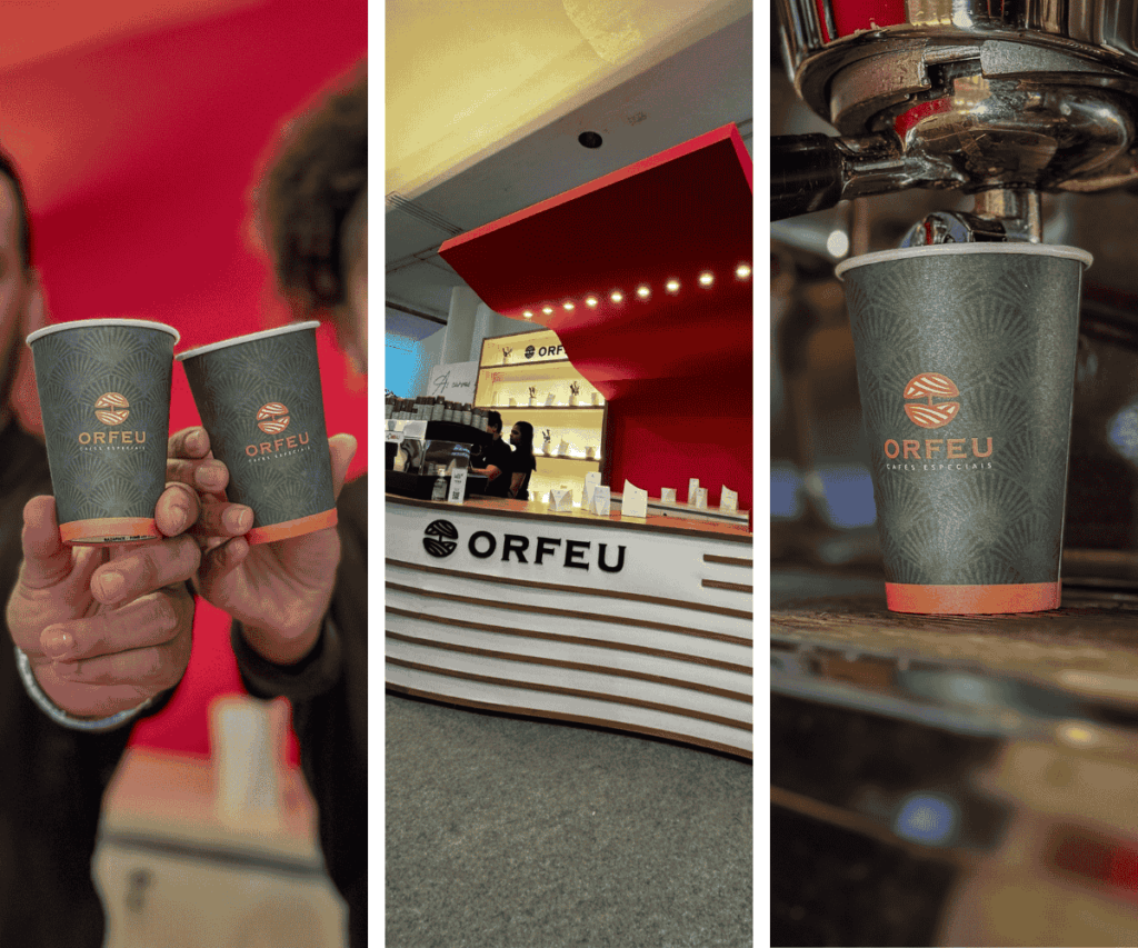 Estande Orfeu Cafés com preparo de cafés, destaque para produtos e experiência sensorial da marca.